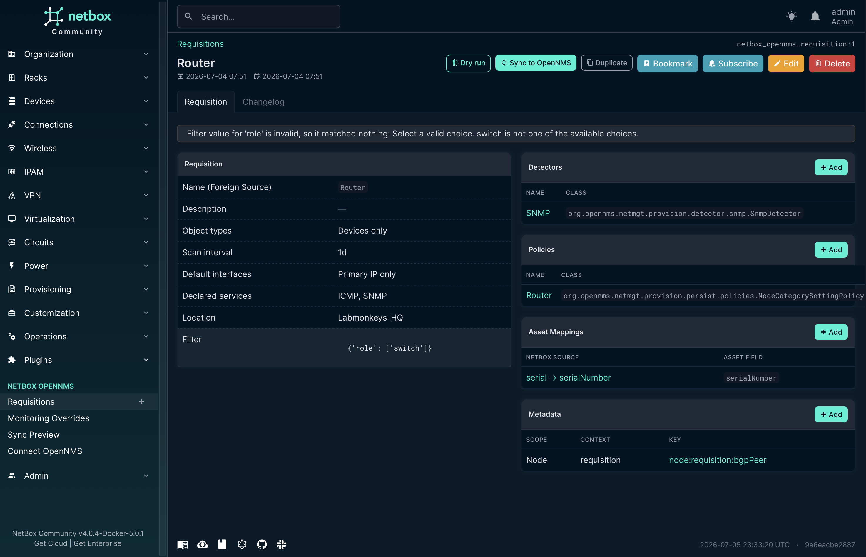 A Requisition detail page with detectors, policies, asset mappings and metadata